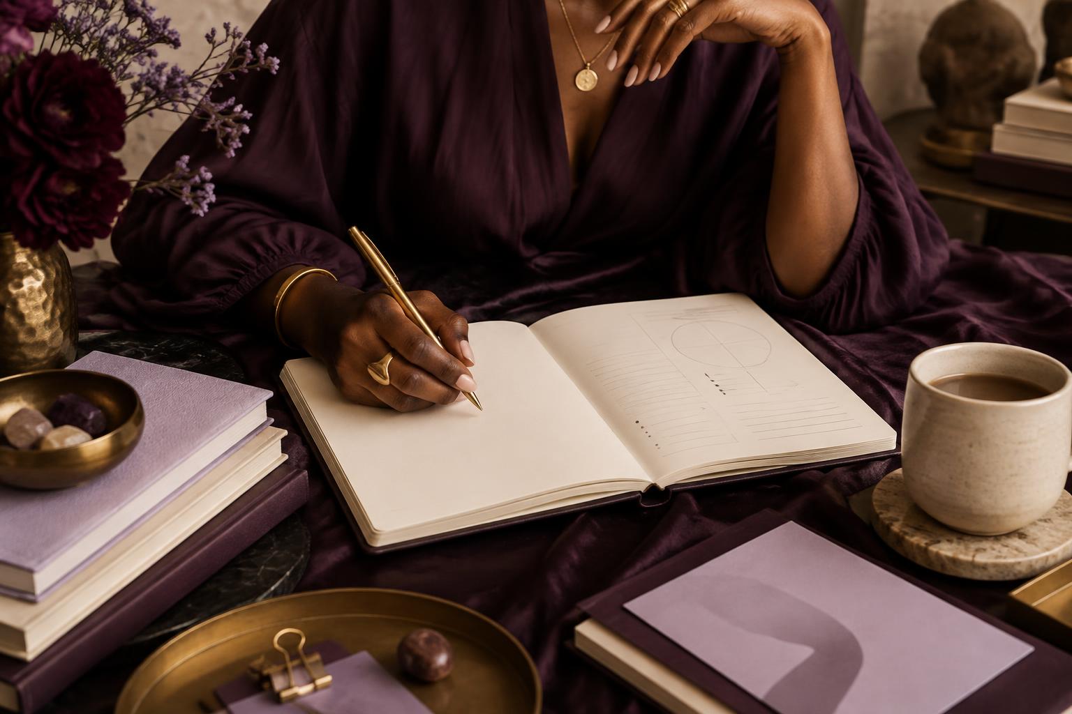 A Black woman planning her business in an elegant plum studio
