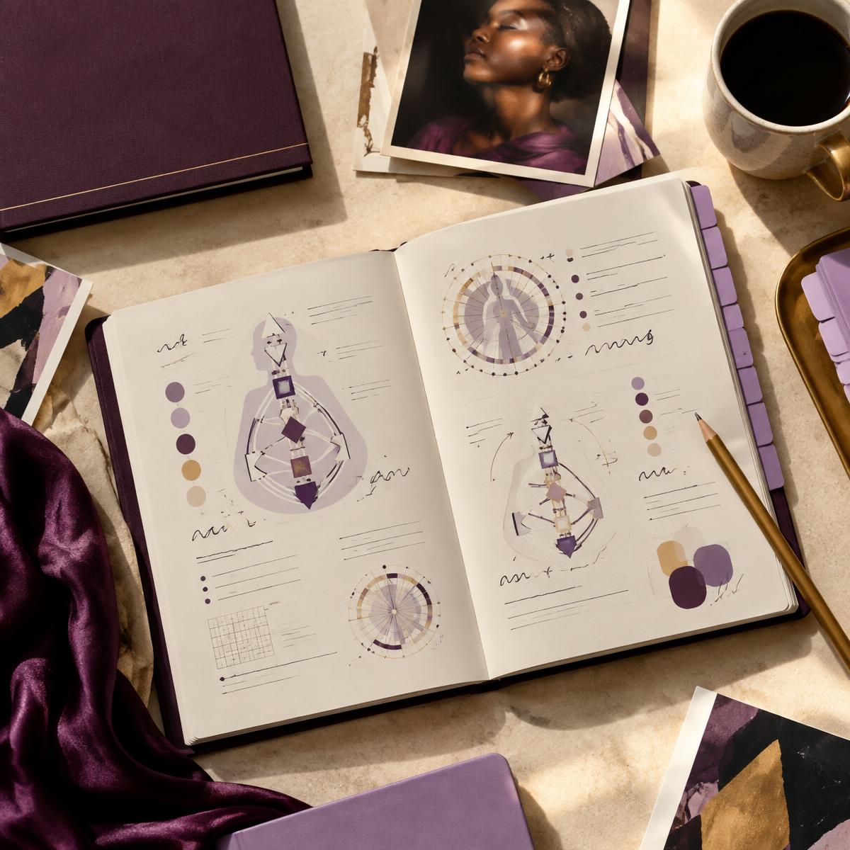 An open Human Design starter workbook with plum and lavender details